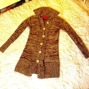 CHERRY STIX BROWN & CREAM CARDIGAN SWEATER RUFFLED FRONT Size Large BUTT…